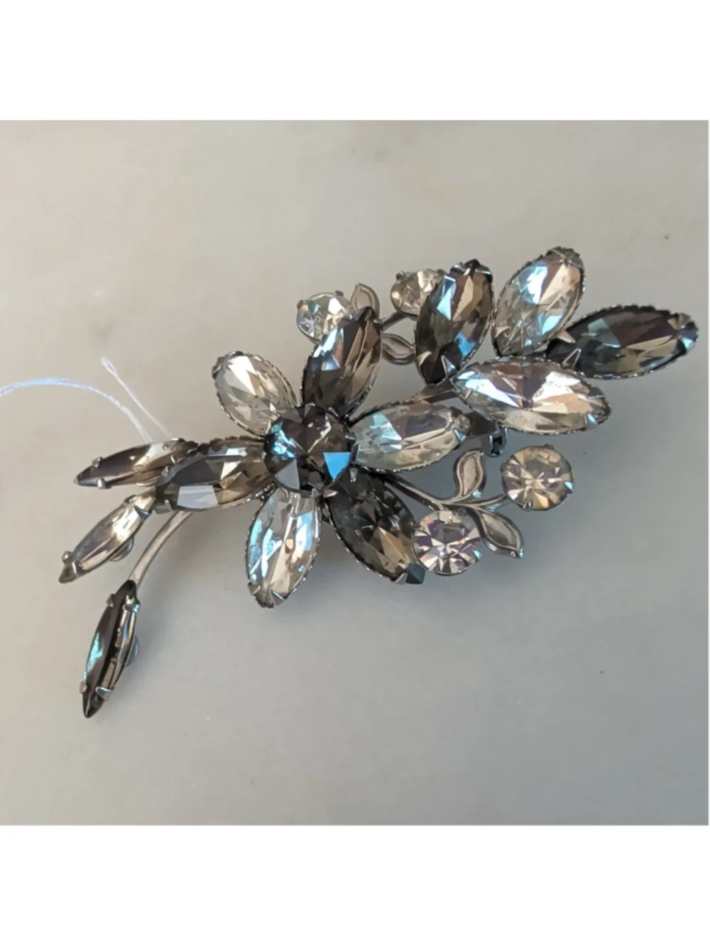 Vtg Smoky Marquise Flower Rhinestone Floral Brooch Pin Clear Glass Rivet Prong